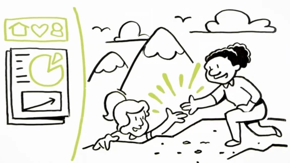 Illustration of someone being helped up a mountainside 